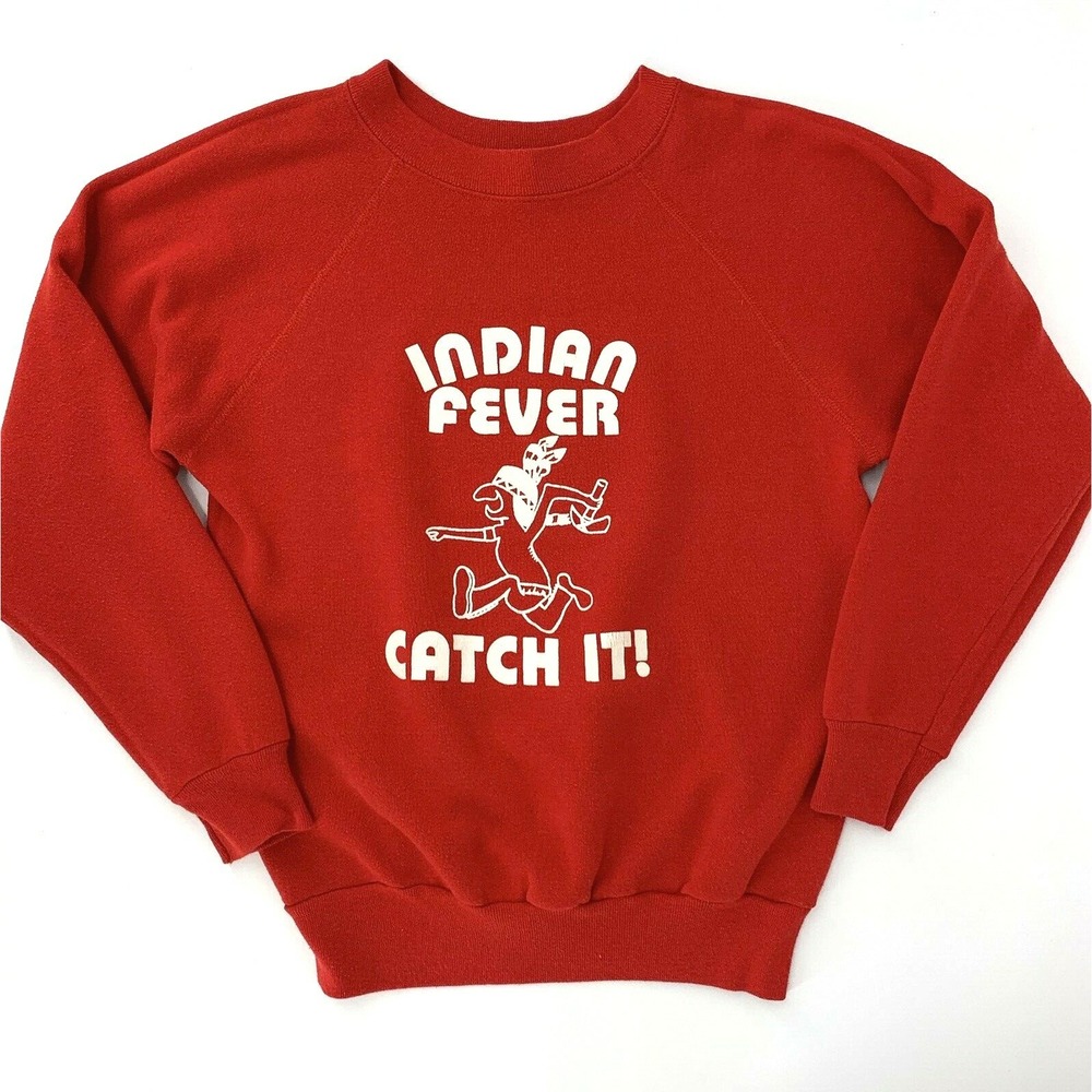 Vintage Raglan Rare CLEVELAND INDIANS WaHoo Sweatshirt M Indian Fever Catch It!